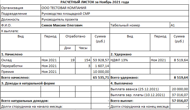 Образец заполнения расчетный листок