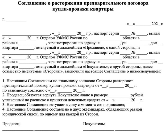 Соглашение о расторжении предварительного договора купли продажи с задатком образец