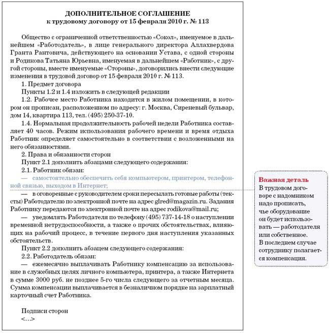 Дополнительное соглашение об удаленной работе образец